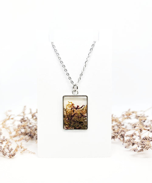 Burgundy and Green Moss in a Rectangle Pendant Necklace